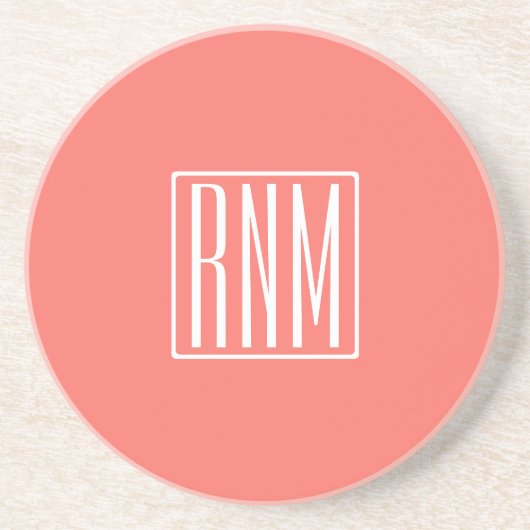 Dessous De Verre En Grès Initiales Monogramme | Blanc Sur Corail (Devant)