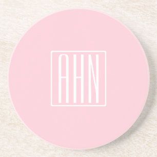 Dessous De Verre En Grès Initiales Monogramme   Blanc Sur Rose Clair