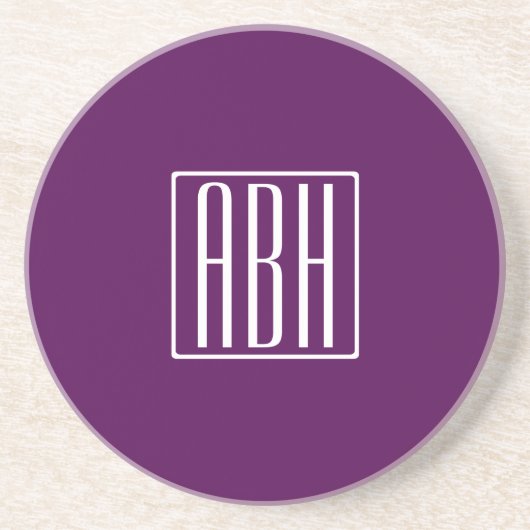 Dessous De Verre En Grès Initiales Monogramme | Blanc Sur Violet Foncé (Devant)