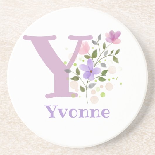 Dessous De Verre En Grès Initiales Plus Nom & Dessin de Fleurs (Devant)