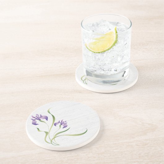 Dessous De Verre En Grès Iris Violet Sur Bois (Côté)