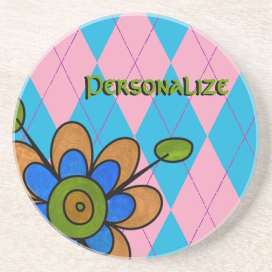 Dessous De Verre En Grès Jacquard rose et bleu & Fleur (Devant)