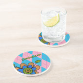 Dessous De Verre En Grès Jacquard rose et bleu & Fleur (Côté)