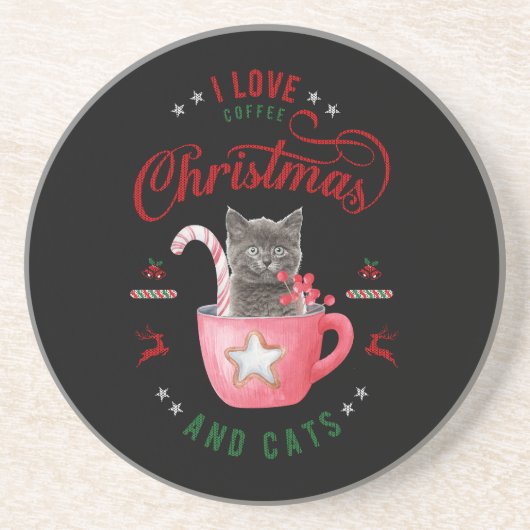 Dessous De Verre En Grès J'aime Café Noël et Chats Joyeux Salutations (Devant)