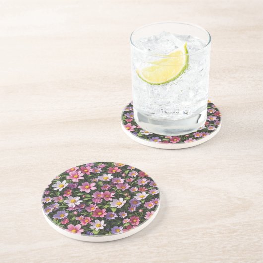 Dessous De Verre En Grès Jardin à fleurs rose et blanc (Côté)