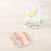 Dessous De Verre En Grès Jaune Rose Menthe Rayures Aloha (Côté)