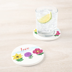 Dessous De Verre En Grès Jaune Violet Rose Fleurs Amour Typographie