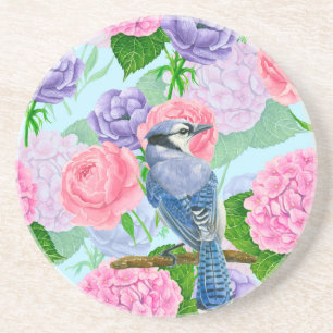 Dessous De Verre En Grès Jay bleu et fleurs motif aquarelle