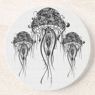 Dessous De Verre En Grès Jellyfish noir et blanc - Tattoo Art
