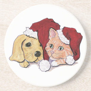 Dessous De Verre En Grès Joli chiot Labrador de Noël et chat orange tigré