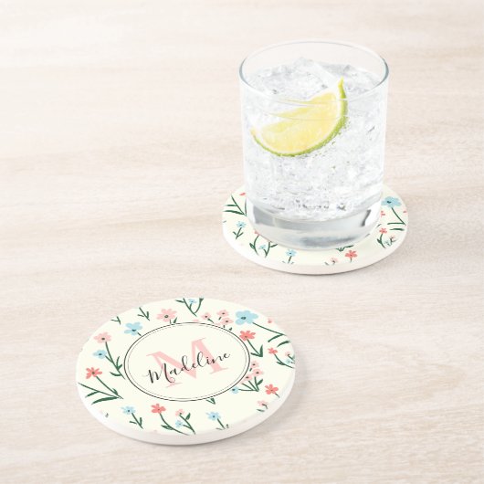 Dessous De Verre En Grès Joli Fleur d'ivoire blanc Élégant Monogramme rose (Côté)