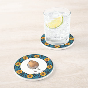 Dessous De Verre En Grès Joli joli Robin oiseau nom monogramme de tournesol