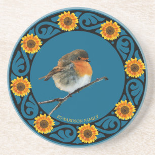 Dessous De Verre En Grès Joli joli Robin oiseau nom monogramme de tournesol