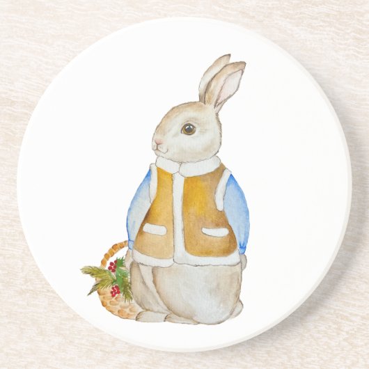 Dessous De Verre En Grès Joli lièvre de Noël avec panier avec son d'épinett (Devant)