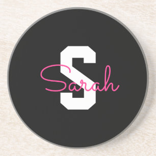 Dessous De Verre En Grès Joli nom et monogramme   Noir blanc et rose