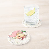 Dessous De Verre En Grès Joli Père Noël de Noël avec Casquette rose (Côté)