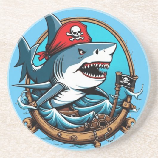 Dessous De Verre En Grès Joli requin pirate en bateau (Devant)