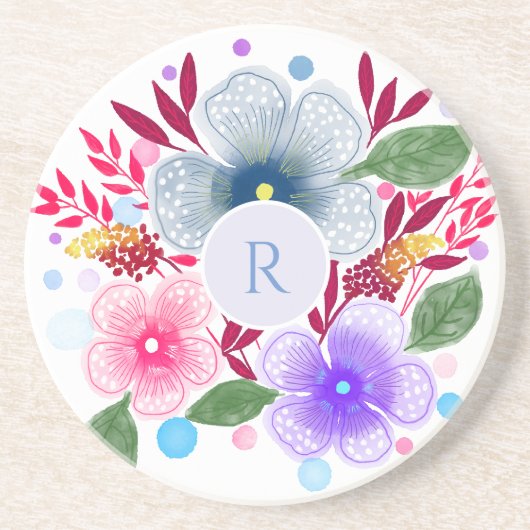 Dessous De Verre En Grès Jolie aquarelle Bouquet floral Monogramme (Devant)