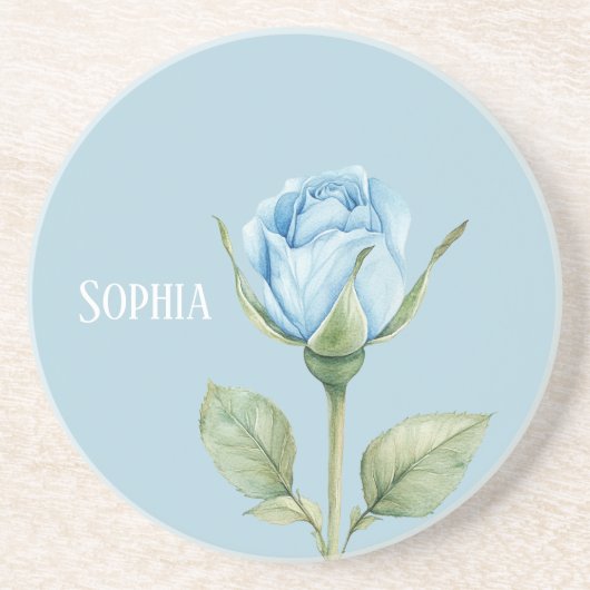 Dessous De Verre En Grès Jolie Fleur de Rose Bleu Clair (Devant)