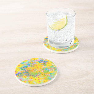 Dessous De Verre En Grès Jolie Fleurs Jaunes et Rouges avec Turquoise