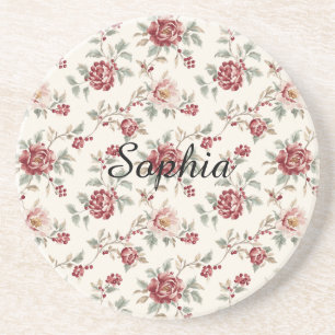 Dessous De Verre En Grès Jolie Florale Rouge Crème Chic