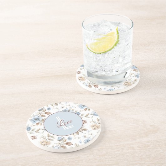 Dessous De Verre En Grès Jolies fleurs bleues crème marron (Côté)