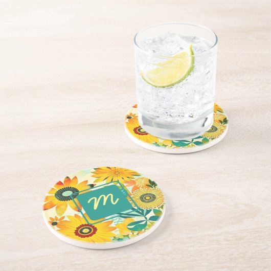 Dessous De Verre En Grès Jolies fleurs d'art populaire Monogrammé (Côté)