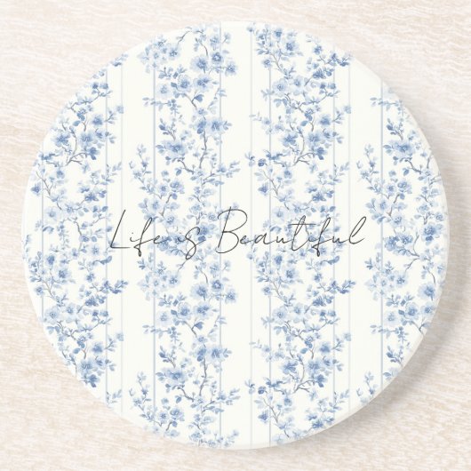 Dessous De Verre En Grès Jolies rayures florales bleues blanches (Devant)