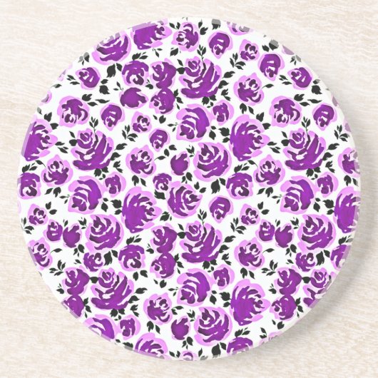 Dessous De Verre En Grès Jolis motifs de roses violettes blanches (Devant)