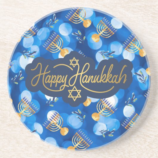 Dessous De Verre En Grès Joyeux Hanukkah Bleu Et Blanc (Devant)