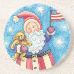 Dessous De Verre En Grès Joyeux Noël, Père Noël patriotique avec drapeau