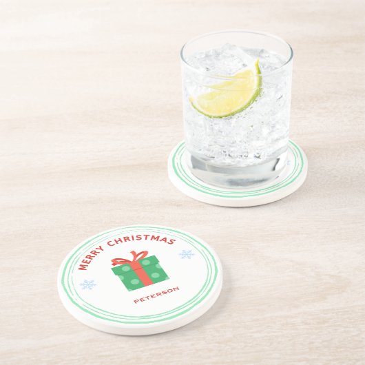 Dessous De Verre En Grès Joyeux Noël rouge boîte cadeau de texte en blanc (Côté)