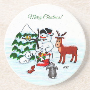 Dessous De Verre En Grès Joyeux Noël ! Snowman avec amis