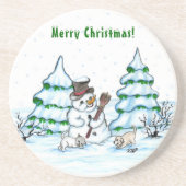Dessous De Verre En Grès Joyeux Noël ! Snowman avec chat et chiot (Devant)