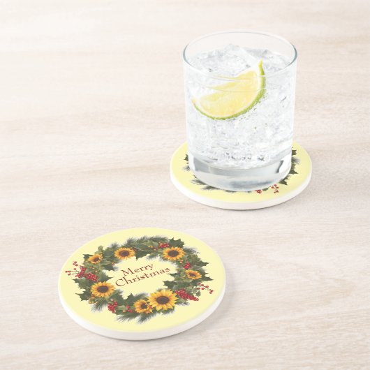 Dessous De Verre En Grès Joyeux Noël Vin Tournesol Wreath Holly Joie (Côté)