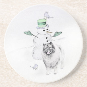 Dessous De Verre En Grès Keeshond Noël Snowman Peinture Chien Art