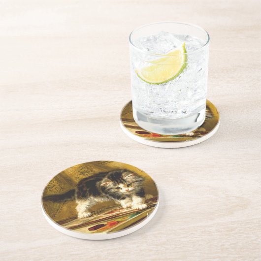 Dessous De Verre En Grès Kitten avec peinture et brosses (Côté)