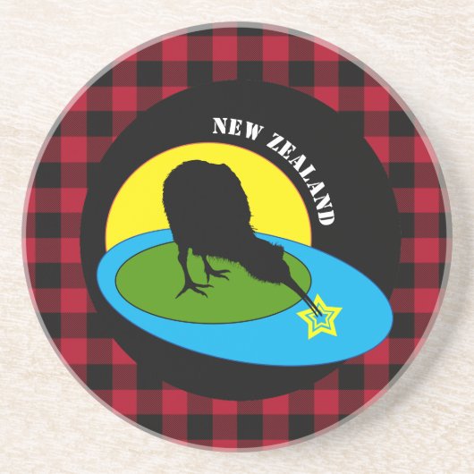 Dessous De Verre En Grès Kiwi Bird & Nouvelle-Zélande, Red Buffalo Plaid Ru (Devant)