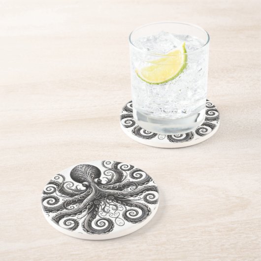 Dessous De Verre En Grès Kraken Steampunk Octopus Ornate Black (Côté)