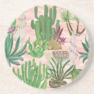 Dessous De Verre En Grès Lamas aquarelle et motif cactus.