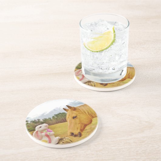 Dessous De Verre En Grès Lapin blanc et Cheval jaune (Côté)