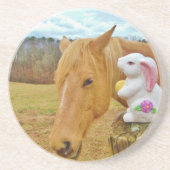 Dessous De Verre En Grès Lapin blanc et cheval jaune blond (Devant)