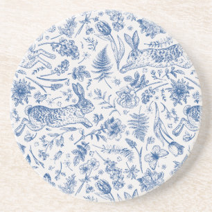 Dessous De Verre En Grès Lapins vintages bleus et fleurs de printemps motif