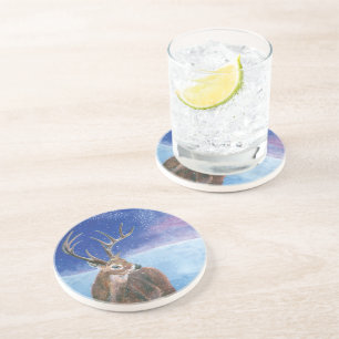 Dessous De Verre En Grès Le Cerf rouge Cervus elaphus et paysage hivernal