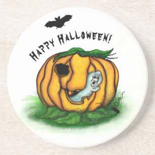 Dessous De Verre En Grès Le fantôme d'Halloween, chauve-souris, fantôme et