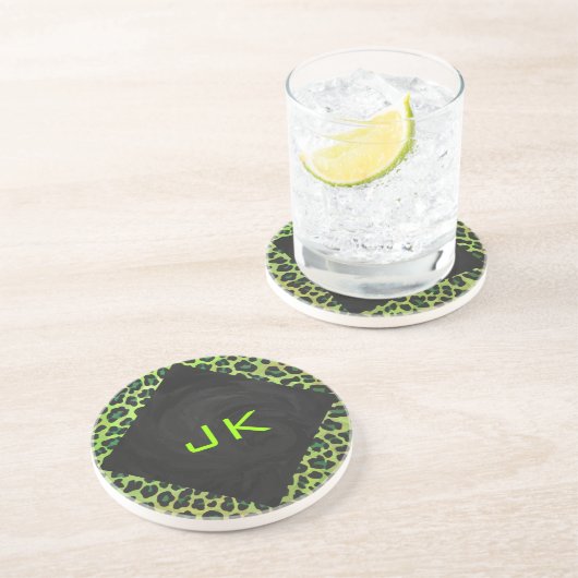 Dessous De Verre En Grès Léopard noir et vert avec Monogramme (Côté)