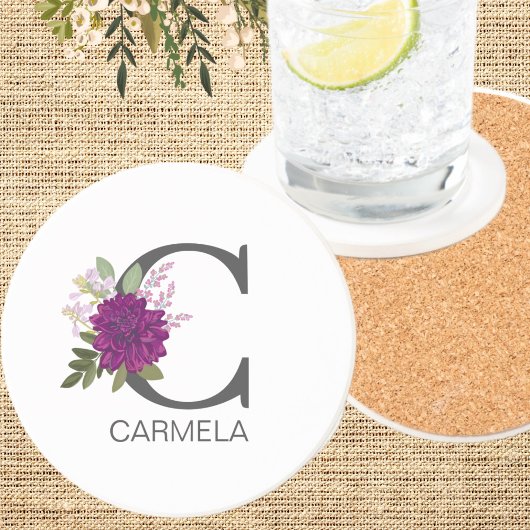 Dessous De Verre En Grès Lettre de l'alphabet floral Dahlia Bourgogne Monog