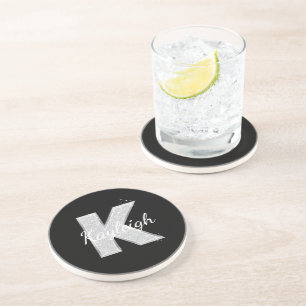 Dessous De Verre En Grès Lettre K pailletée argent noir