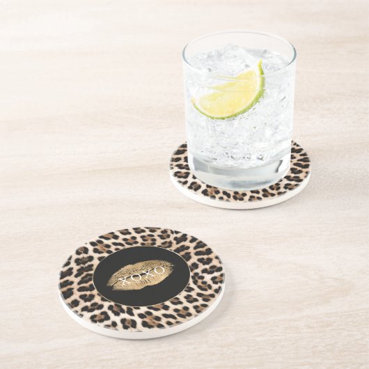 Dessous De Verre En Grès Lèvres dorées imprimé léopard XOXO (Côté)