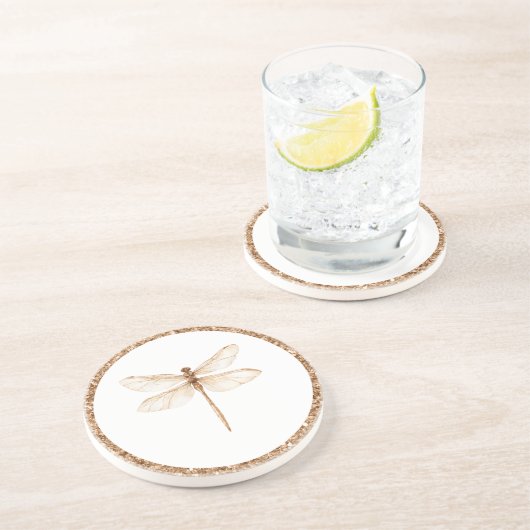 Dessous De Verre En Grès Libellule blanche pailletée de faux or (Côté)